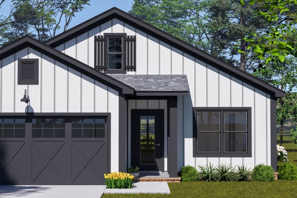 Modern Farmhouse house plan exterior with board-and-batten siding, a gable roof, single-car garage, and covered entry.
