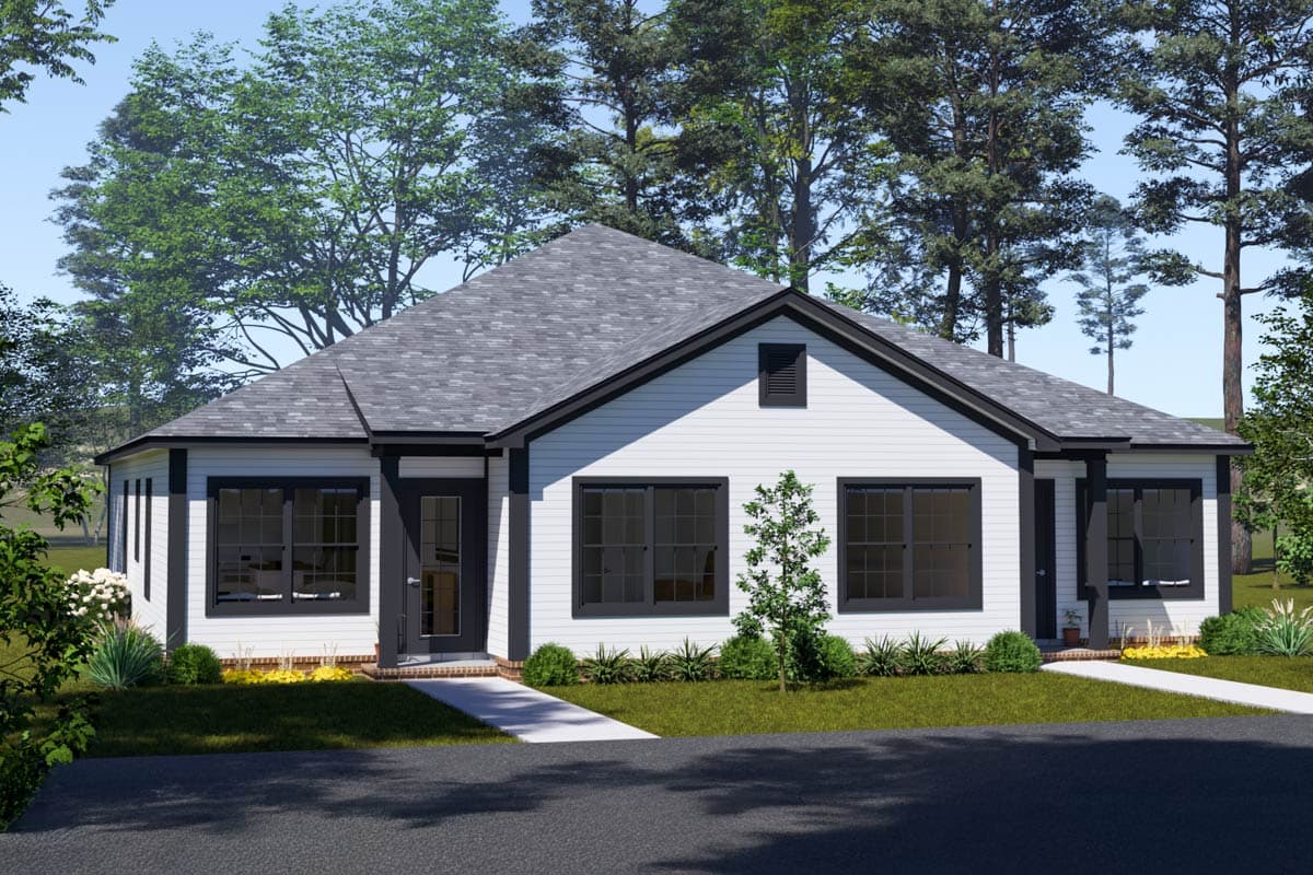 House plan exterior featuring a single-story design, gable roof, and dark framed windows. It also has a front door with a small gable vent.