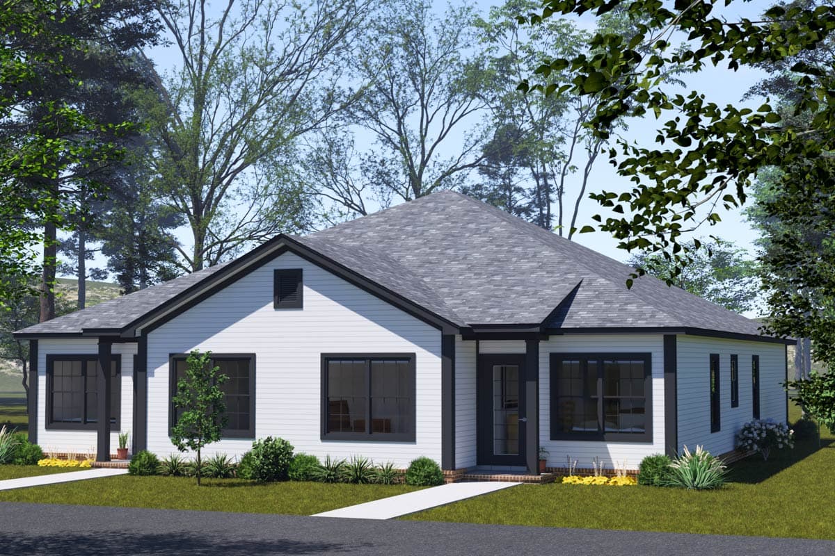 House plan exterior: single-story modern home with white siding, gabled roof, dark trim, and prominent dormer vent.