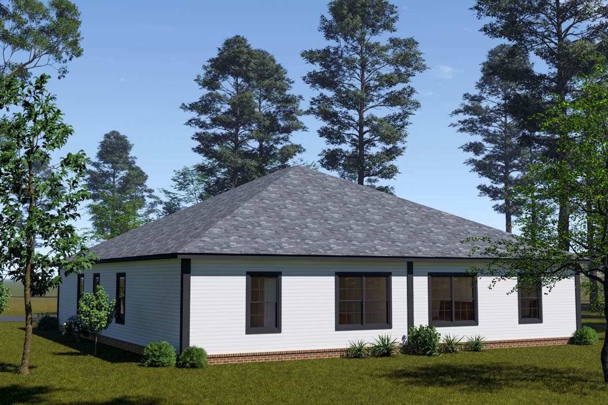 House plan exterior, single-story home with a hip roof, white siding, and dark-trimmed windows.