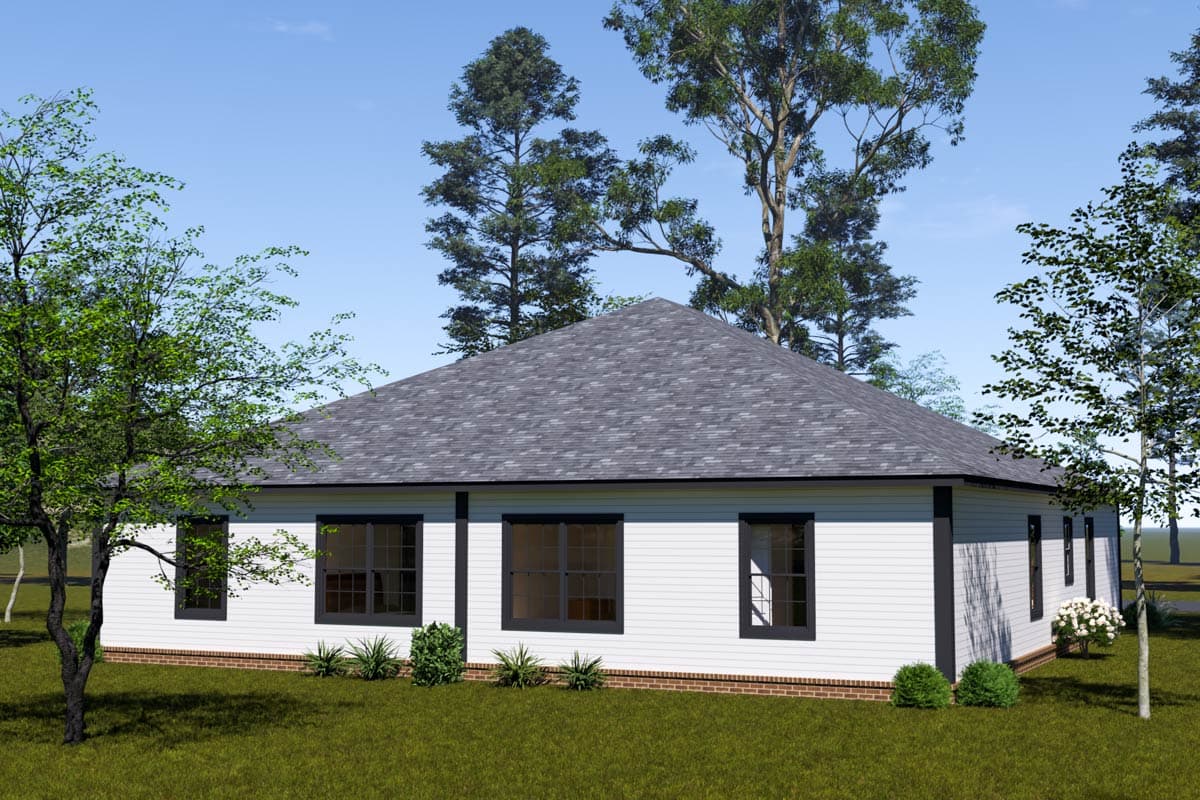 House plan exterior: one-story home with a hip roof, white lap siding, and dark-framed windows.