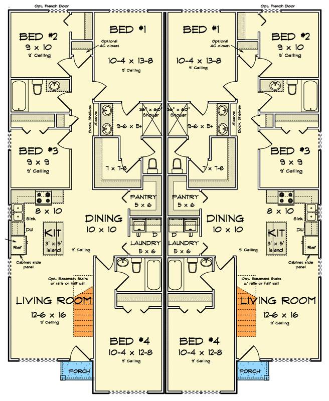Plan 52484WM: Inviting 8-Bedroom Modern Cottage Duplex House Plan with Open Living - Floor Plan - Main Level - Cottage, Country, Traditional