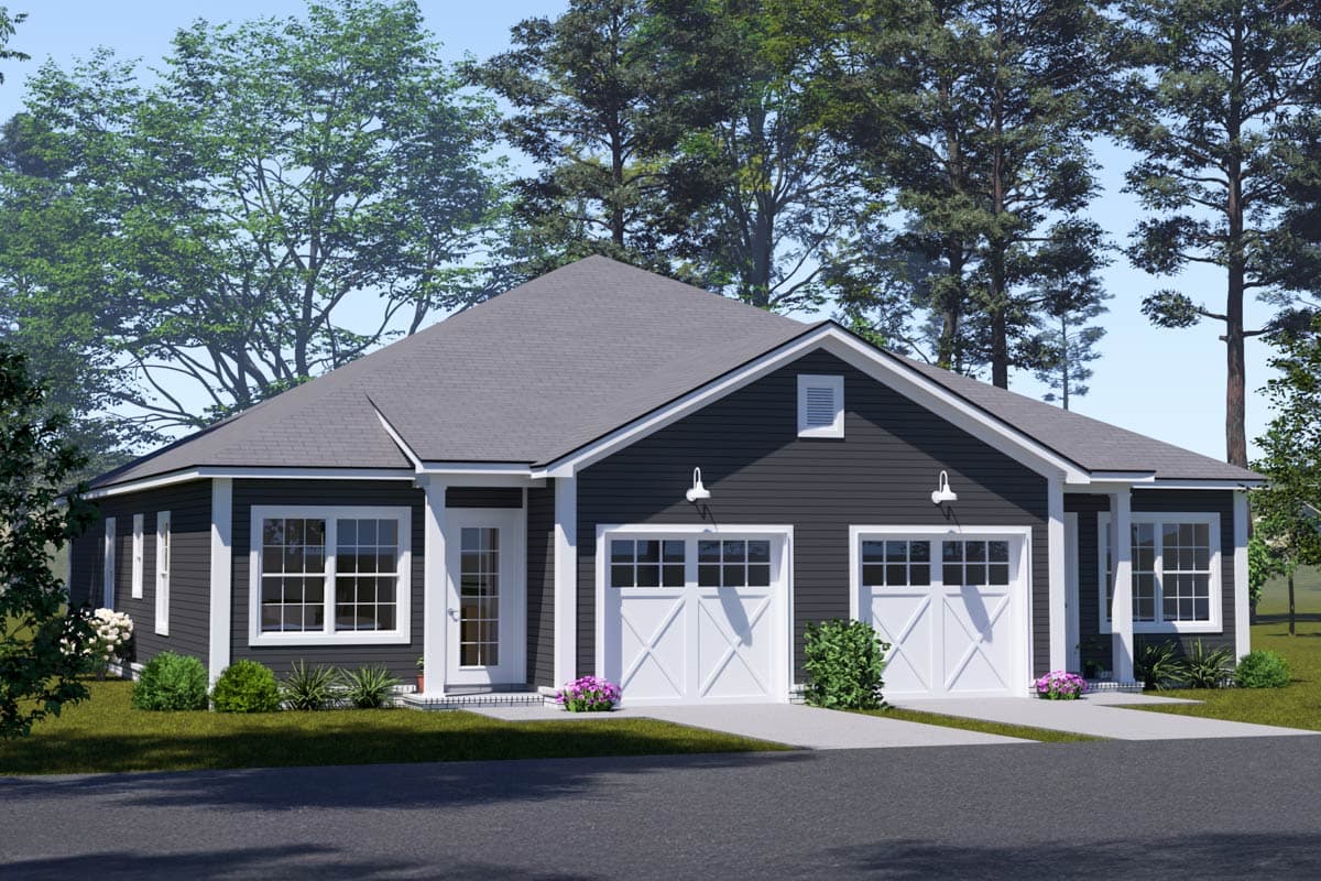 House plan exterior. One-story structure with a gable roof, two-car garage, and a central entry door with sidelights. Features white trim.