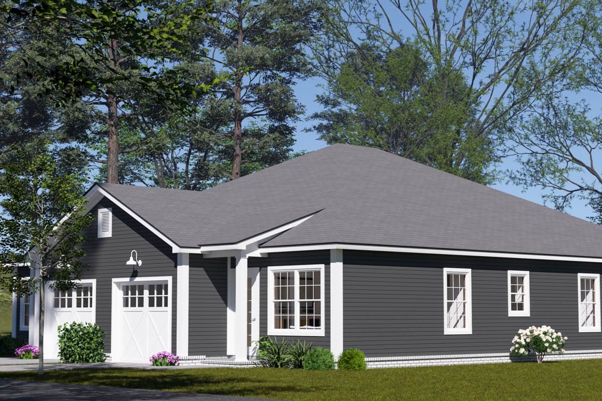 House plan exterior: Ranch style, single-story with a side-entry garage, prominent gable, and dark gray siding.