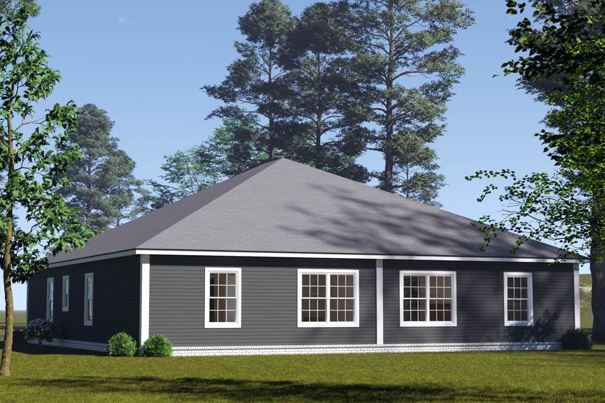 House plan exterior: one-story ranch with hip roof, dark siding, white-trimmed windows, and brick foundation.