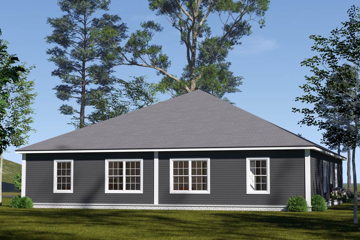 Ranch style house plan exterior, one story, dark siding, gabled roof, multiple windows, and white trim.