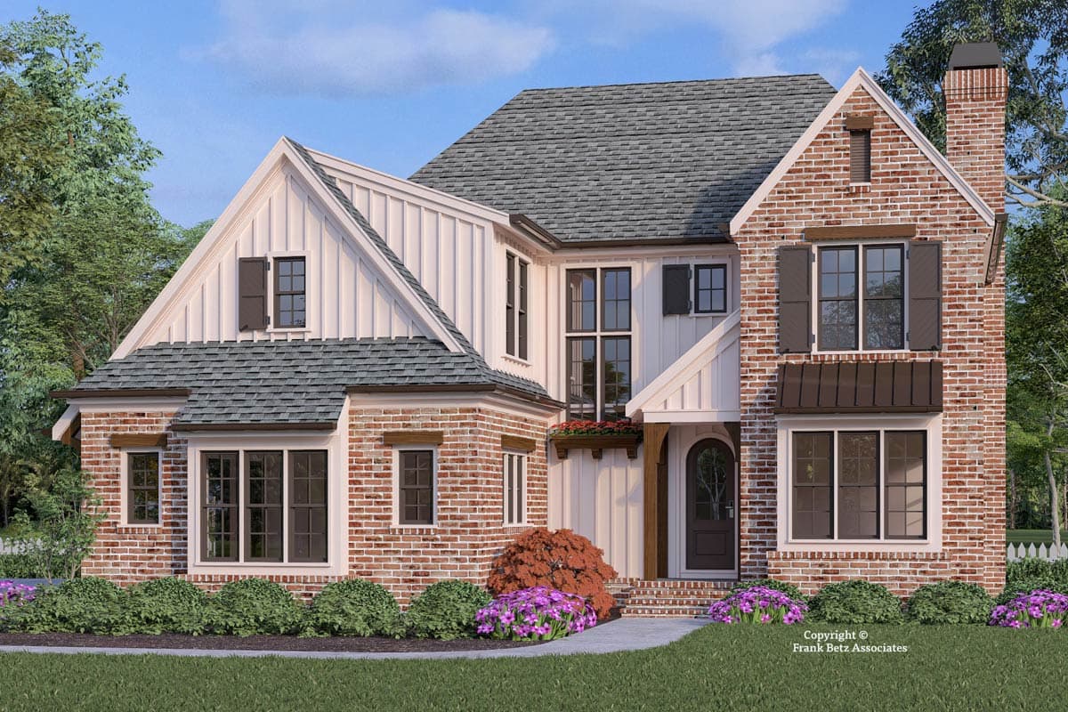 House plan exterior with brick and board and batten siding. Two-story with gabled roof, dormers, and a prominent chimney.