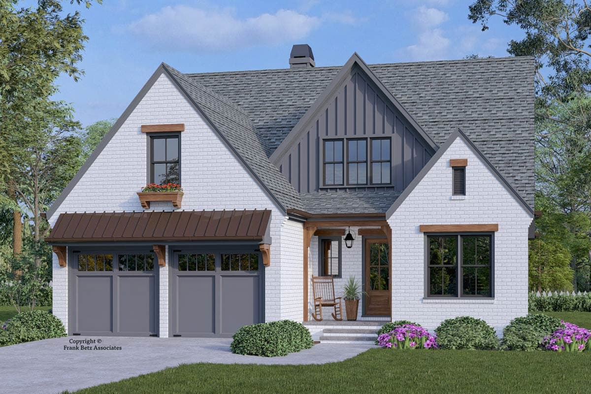 House plan exterior. Two-story Modern Farmhouse with gables, a covered porch, and a two-car garage. Features shingle roofing and wood accents.