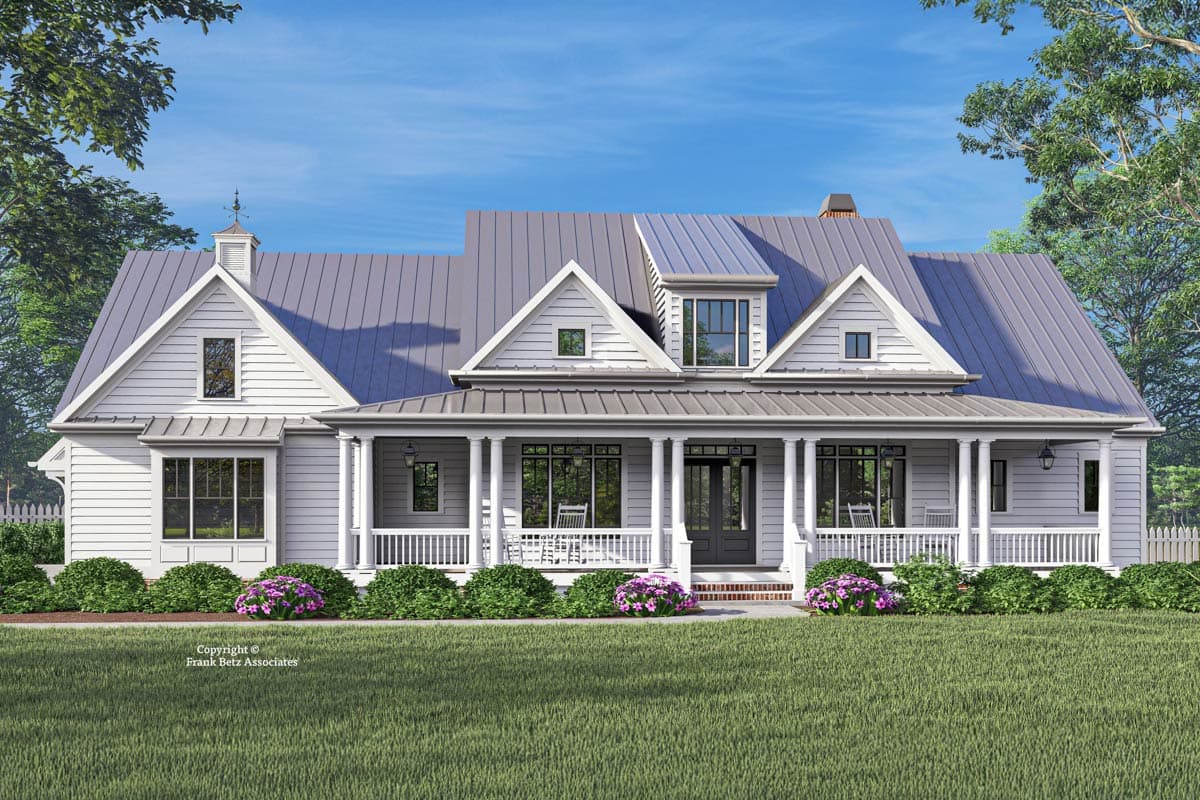 House plan exterior featuring a farmhouse style with a front porch, multiple gables, dormers, and a standing seam metal roof.