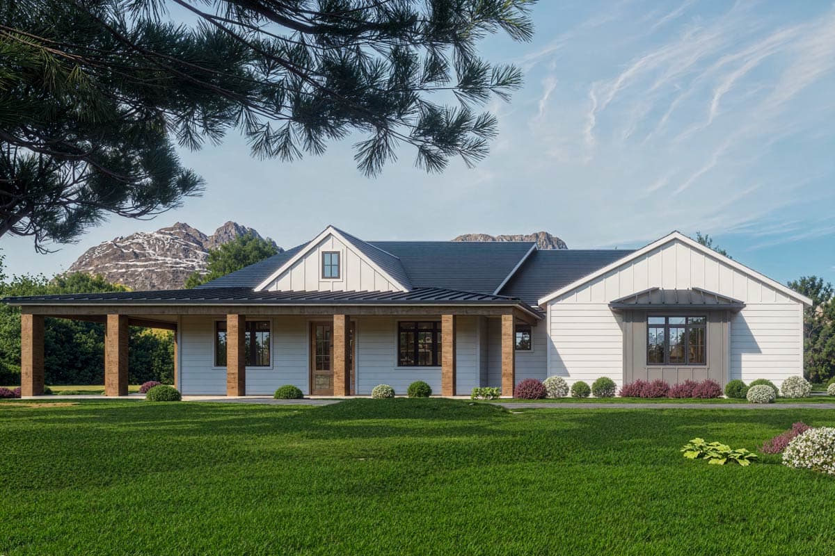 House plan exterior with covered porch, two gables, and a bay window. Modern farmhouse style with a dark roof and light siding.