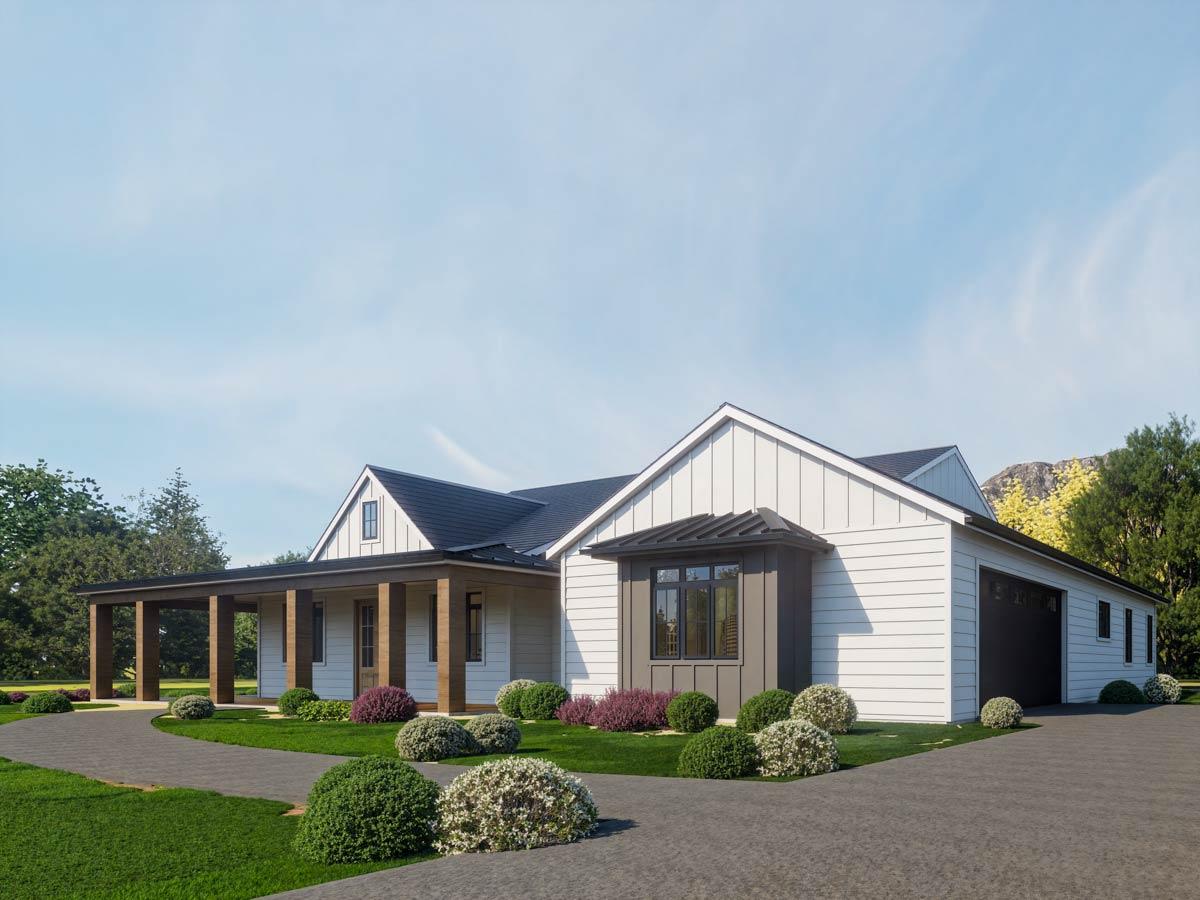 Modern Farmhouse house plan exterior, two stories, with covered porch, gables, and attached garage.