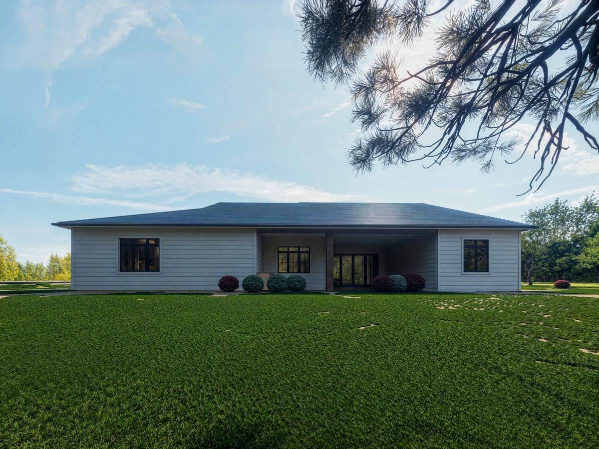 Modern Ranch house plan exterior with a low-pitched roof, symmetrical windows, and a covered entry with glass doors.