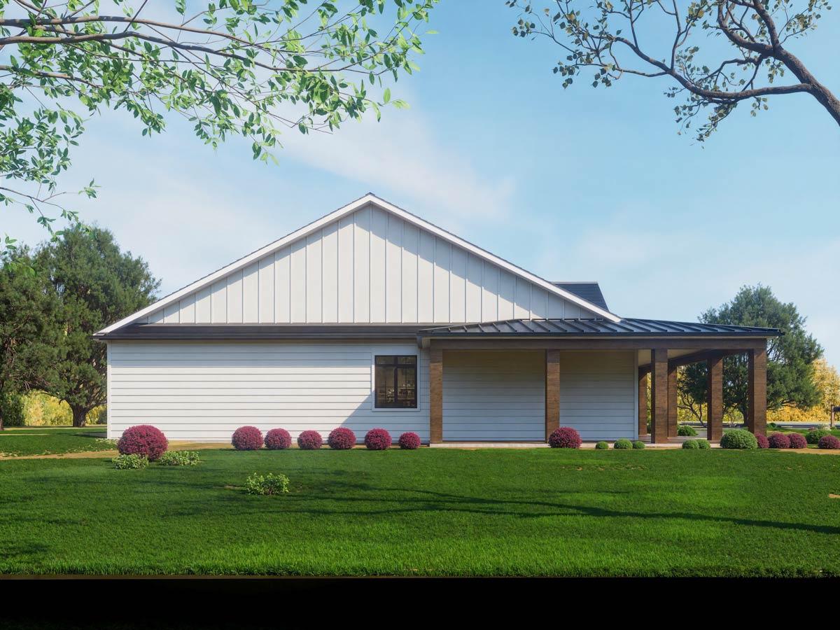 House plan exterior, side view, showcasing a single-story Modern Farmhouse with vertical siding, gables, and a covered porch with wood posts.