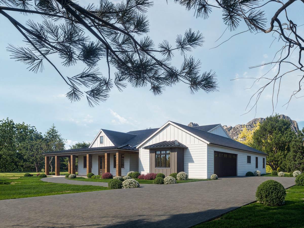 House plan exterior: Modern Farmhouse style, one story, with a covered porch, gabled roof, and attached two-car garage.