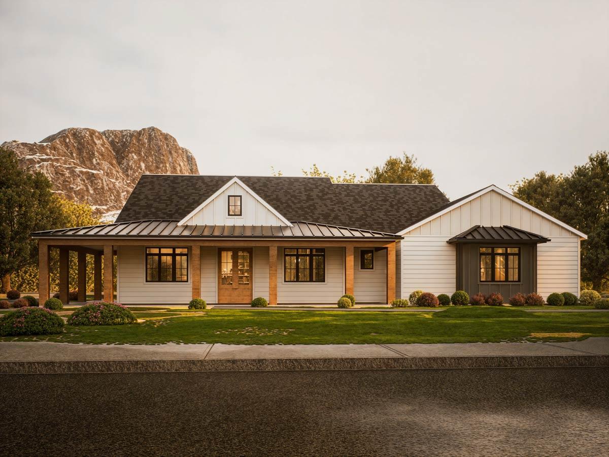 House plan exterior: single-story Modern Farmhouse with a deep covered porch, gables, and board-and-batten siding.