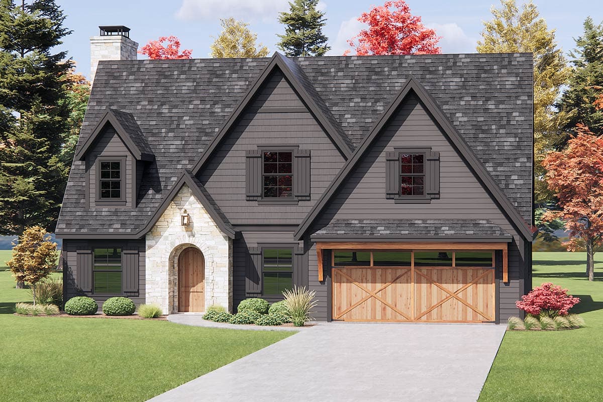 House plan exterior: Modern style two-story with stone archway entry, gabled dormers, and wood garage doors.