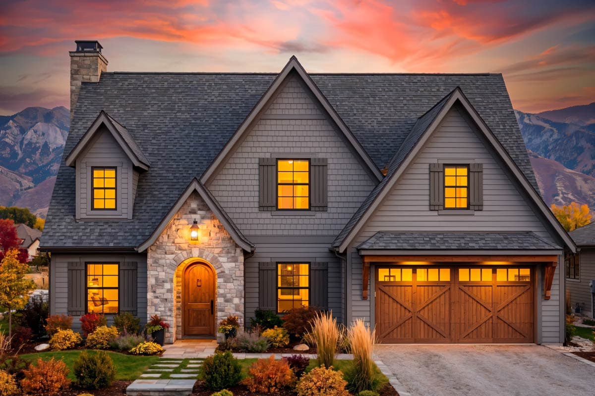 House plan exterior of a two-story Modern Farmhouse with stone entry, dormers, gables, and wood garage doors.