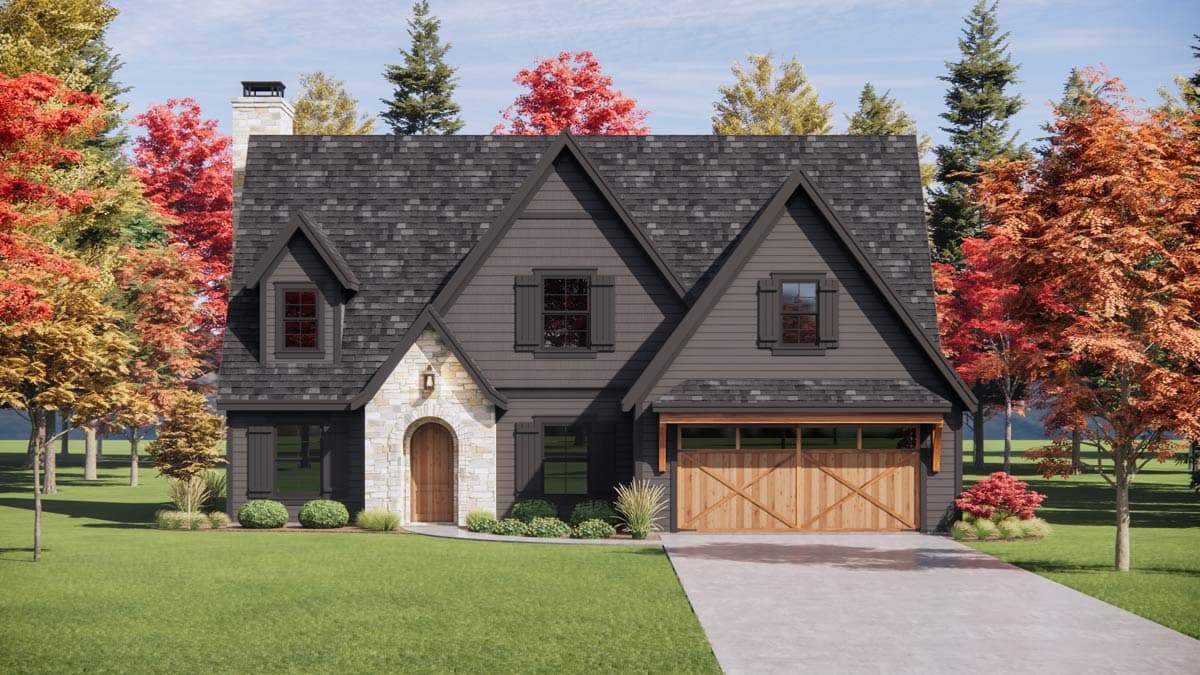 Two-story house plan exterior with dark siding, stone accents, arched entry, dormers, and wood garage door.