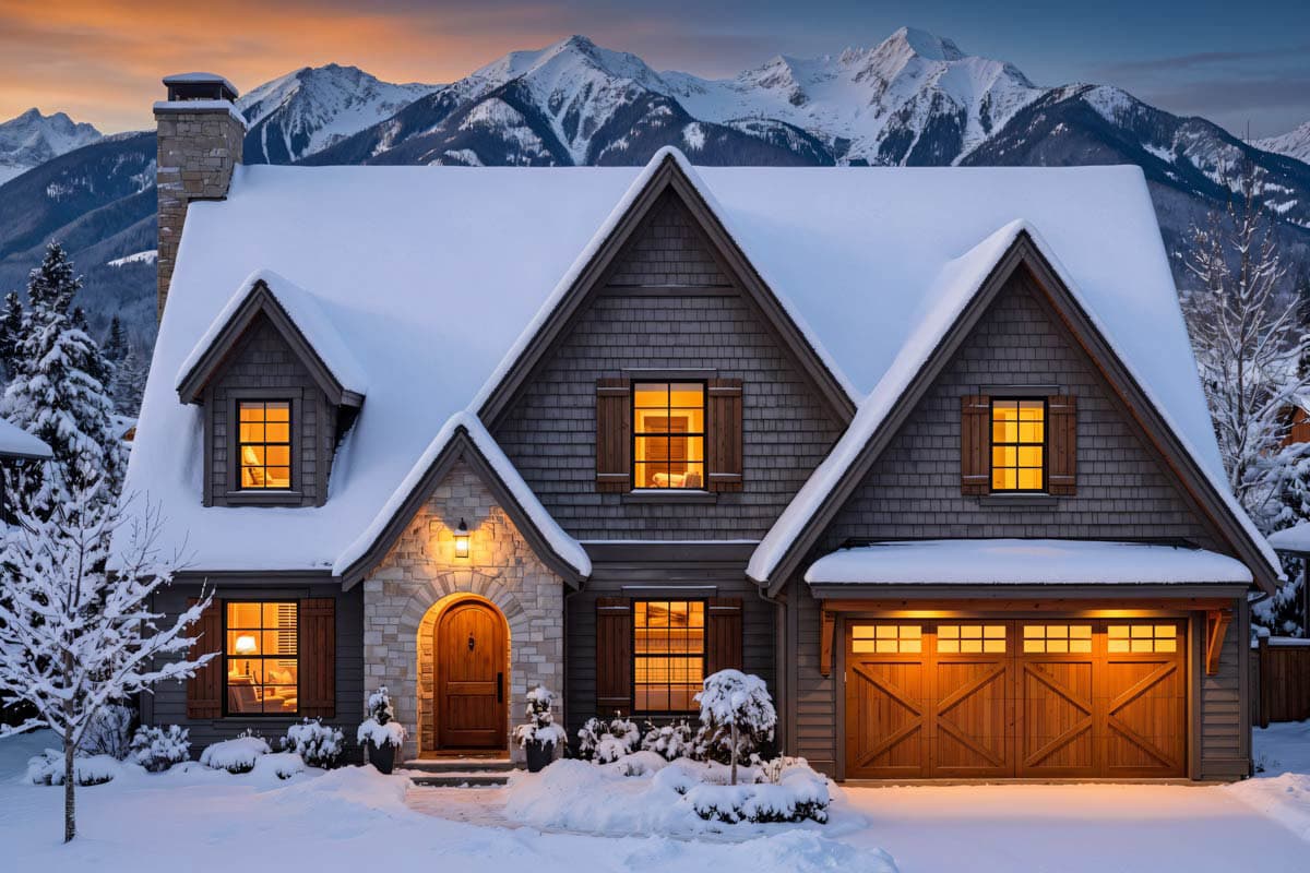 Craftsman house plan exterior with stone entry, wood garage doors, and multiple gables covered in snow.