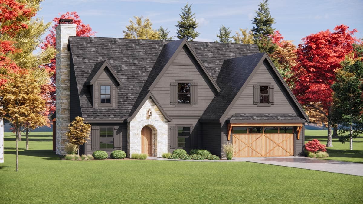 House plan exterior: Tudor-style two-story with stone chimney, gabled dormers, arched entry, and wood garage door.