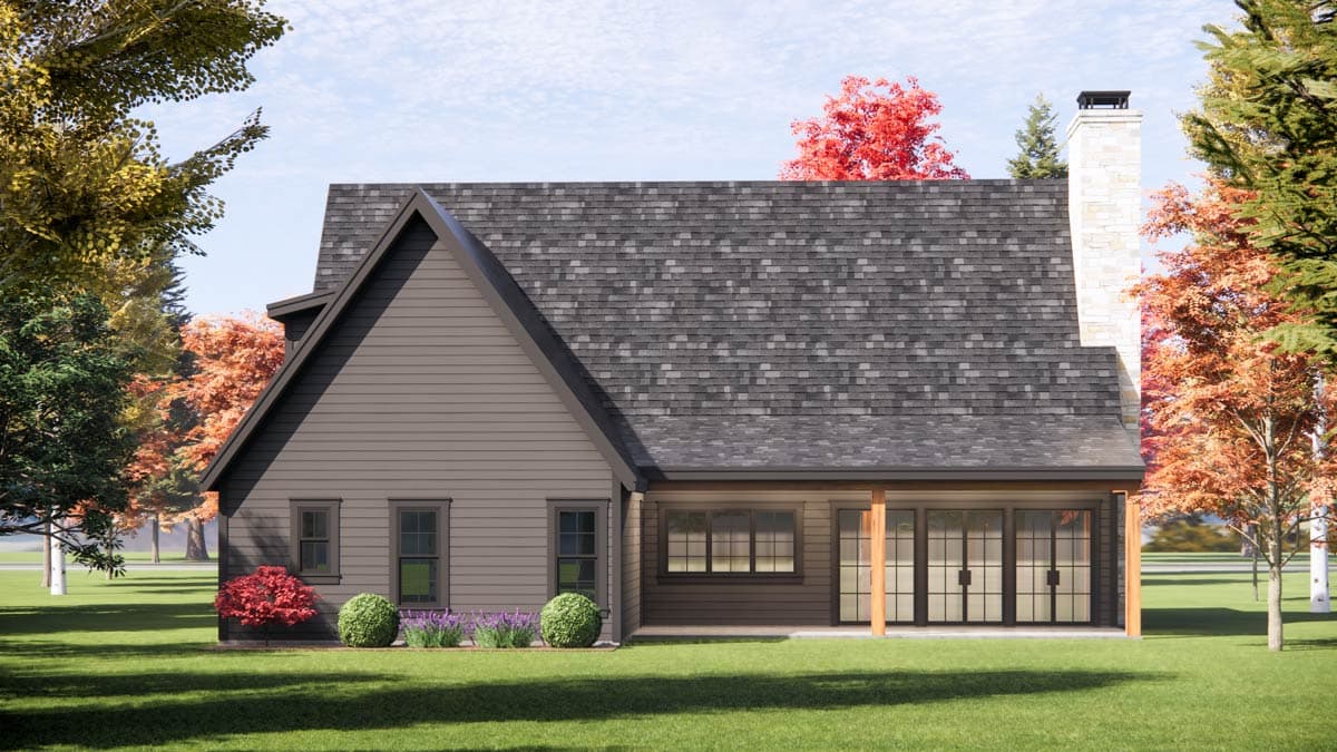 House plan exterior view of a two-story Modern Farmhouse with gabled roof, stone chimney, and covered porch.