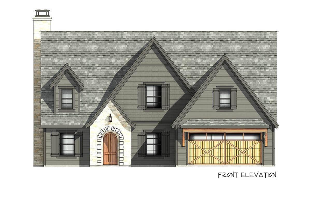 House plan front elevation with stone accents, arched wood door, dormers, gables, and wood garage door.