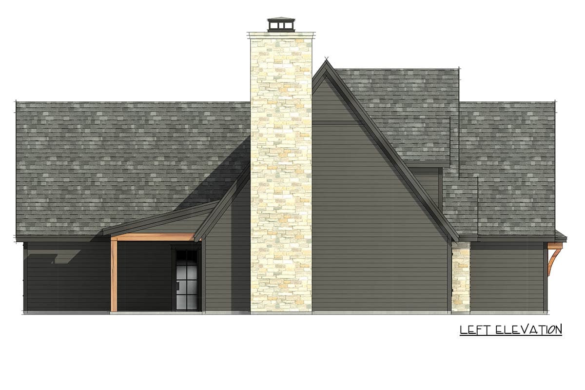 Left elevation house plan showing a modern farmhouse style with a prominent stone chimney, covered entry, and complex rooflines.