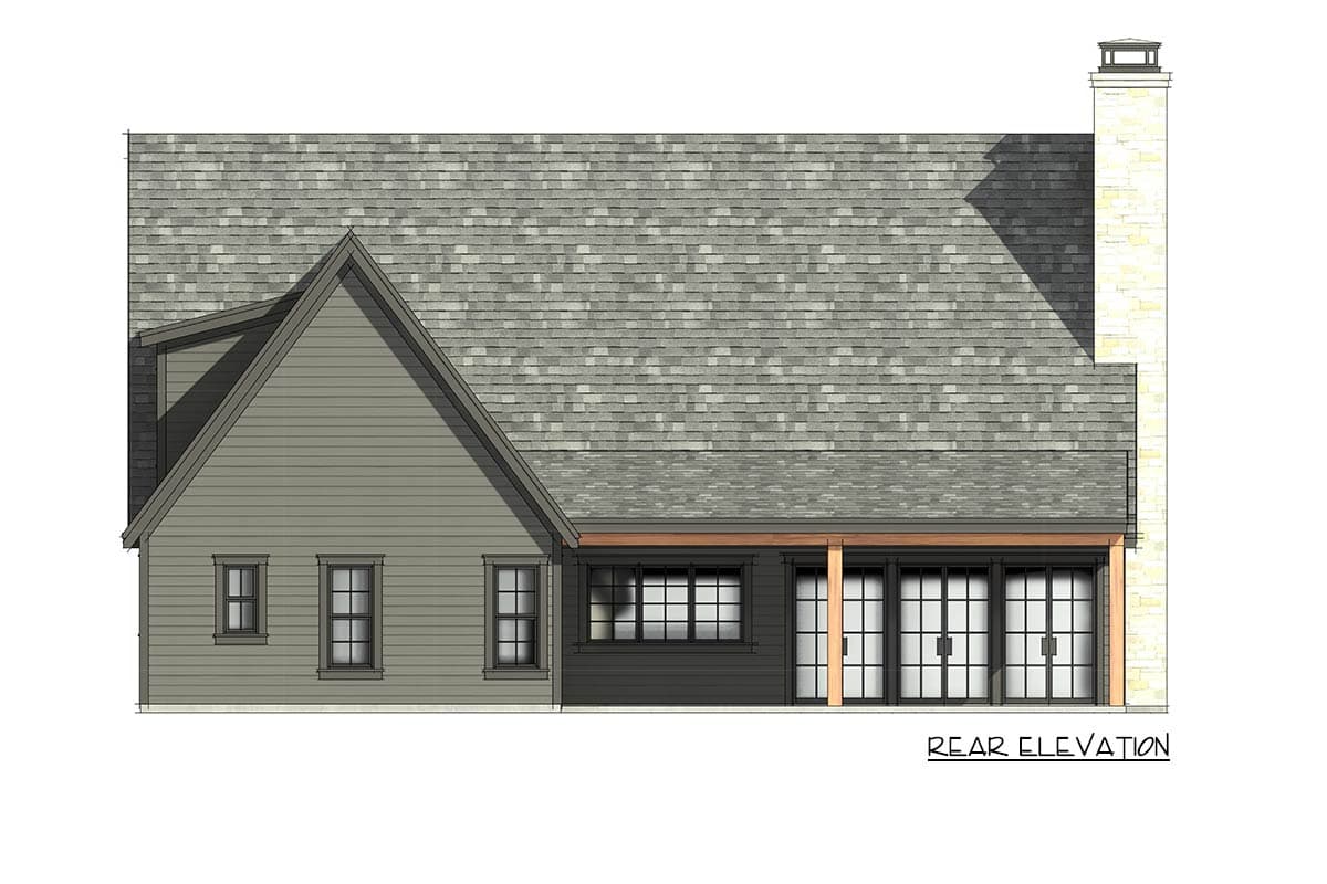 Rear elevation house plan showing a gable roof, covered porch with glass doors, and stone chimney.