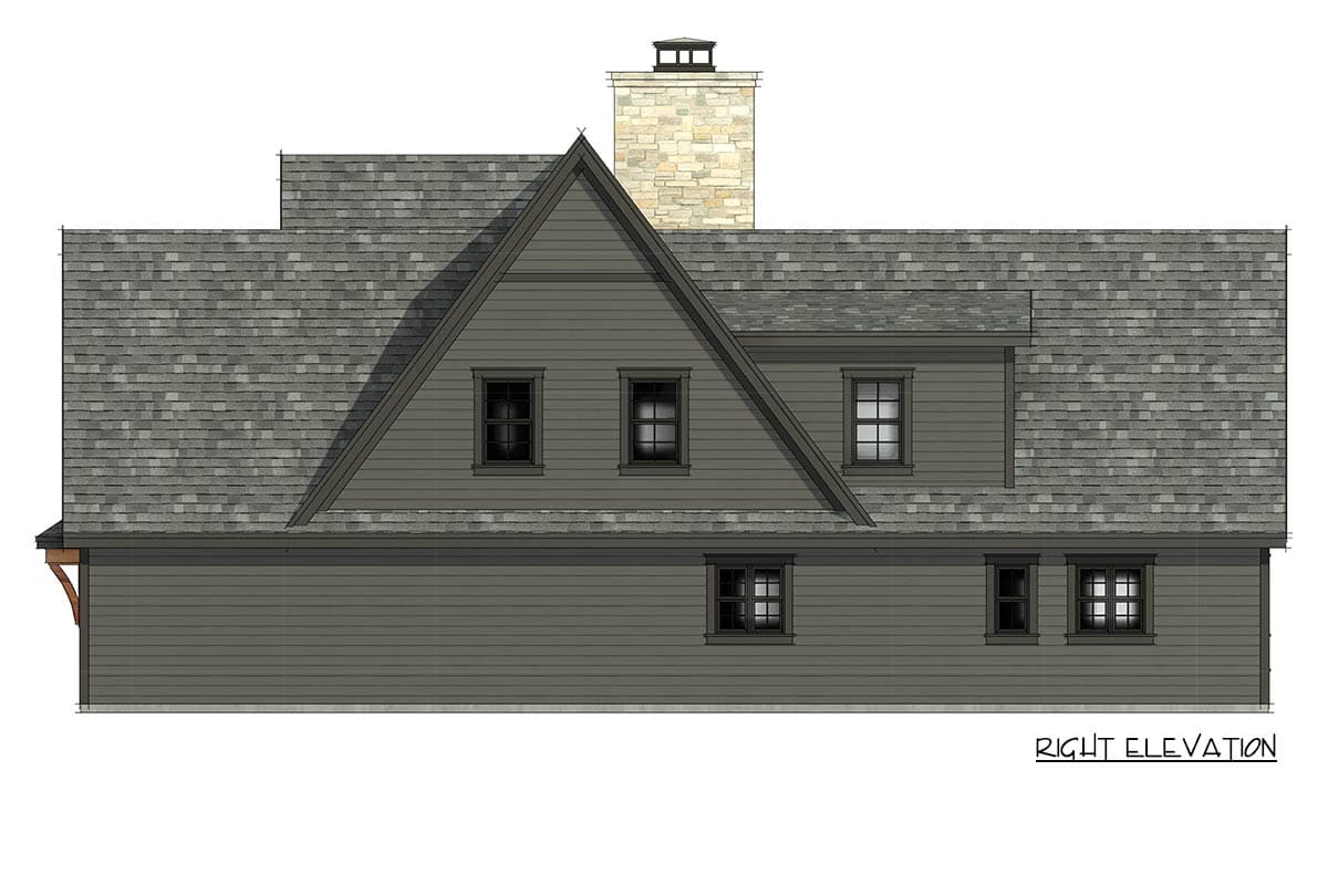 Right elevation house plan drawing with gabled dormer, multiple windows, and stone chimney.