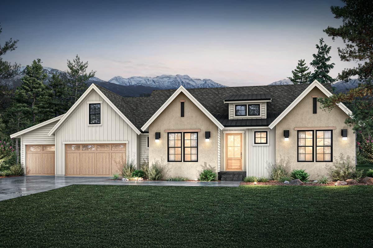 House plan exterior in a Modern Farmhouse style. Features include gabled rooflines, a dormer, and an attached garage with wood doors.