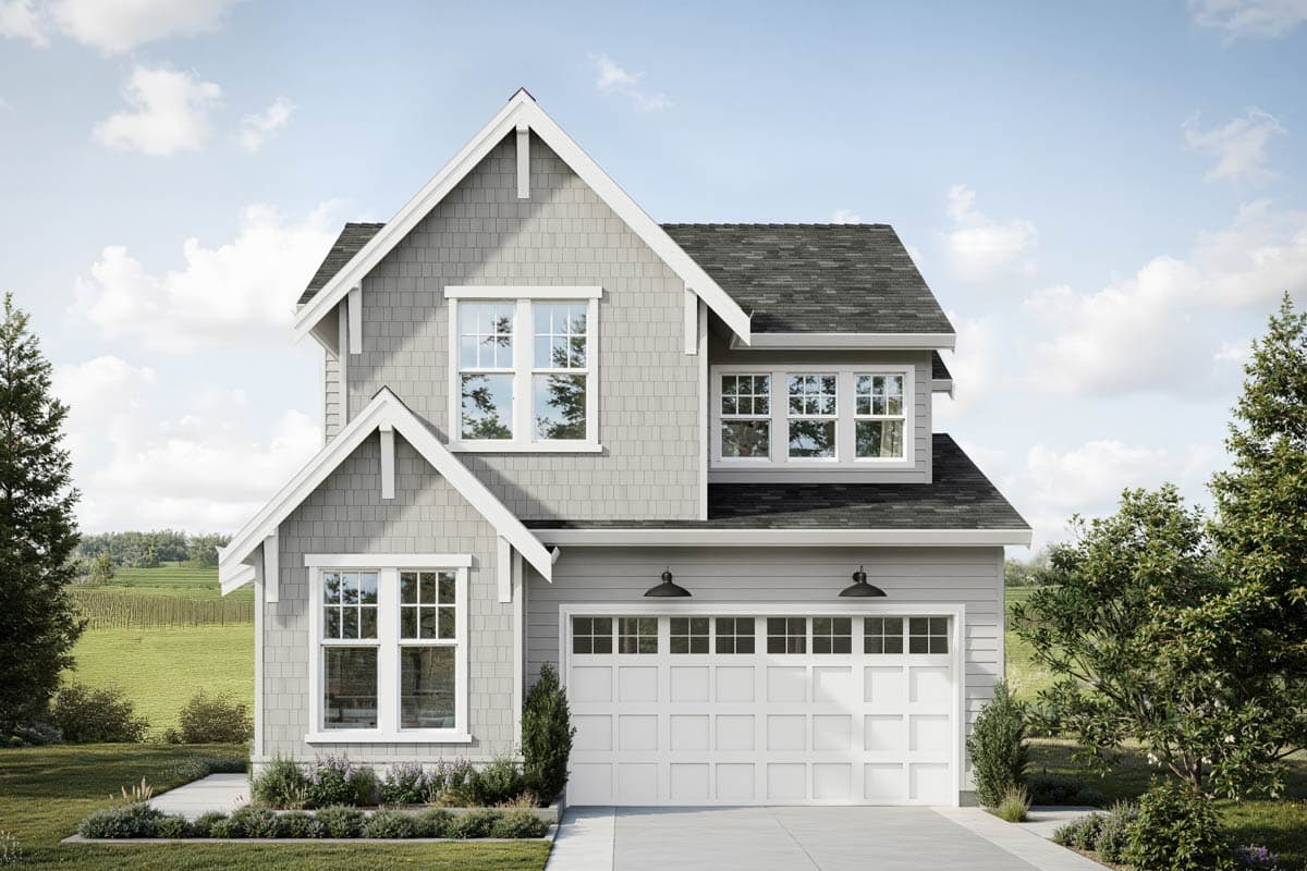 House plan exterior. Two-story Craftsman home with gabled roof, dormers, and a two-car garage. Features shingle siding and decorative trim.