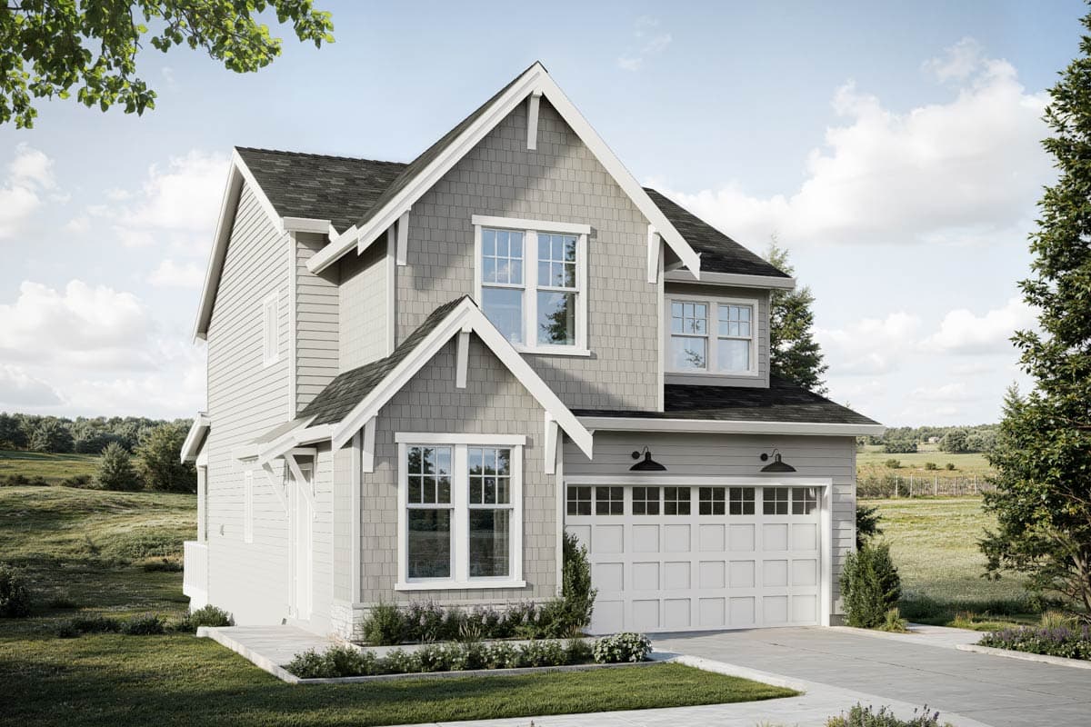 Two-story Modern Farmhouse house plan exterior with gables, shake siding, and a side-facing garage.
