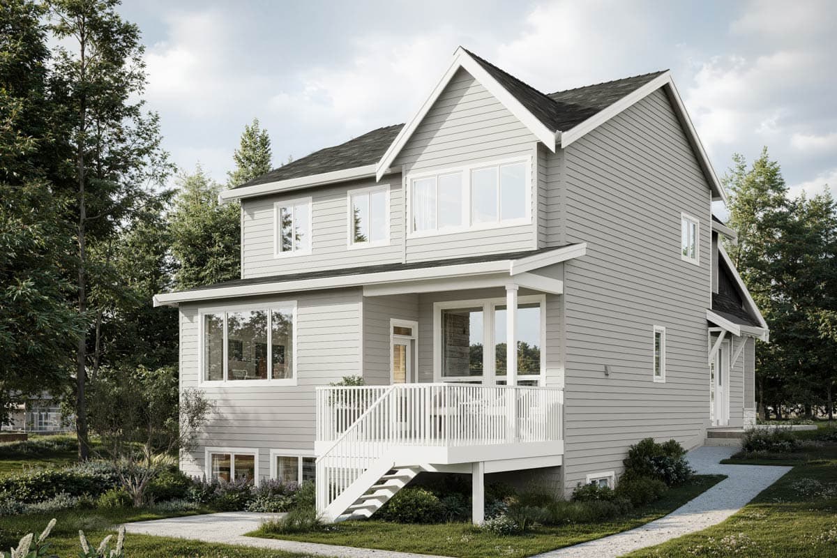 House plan exterior: two-story modern home with gray siding, gabled roof, prominent deck with stairs, and large windows.