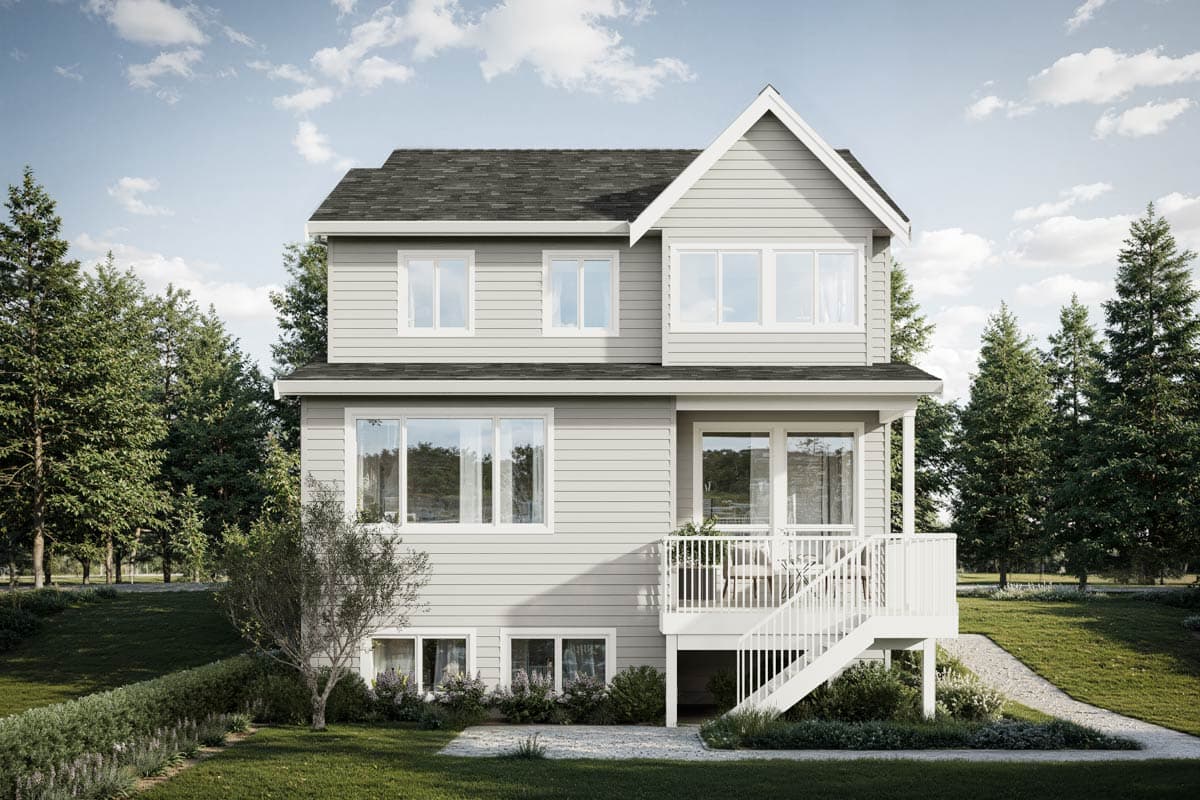 House plan exterior, two-story home with a prominent gable, horizontal siding, and a raised deck with stairs.