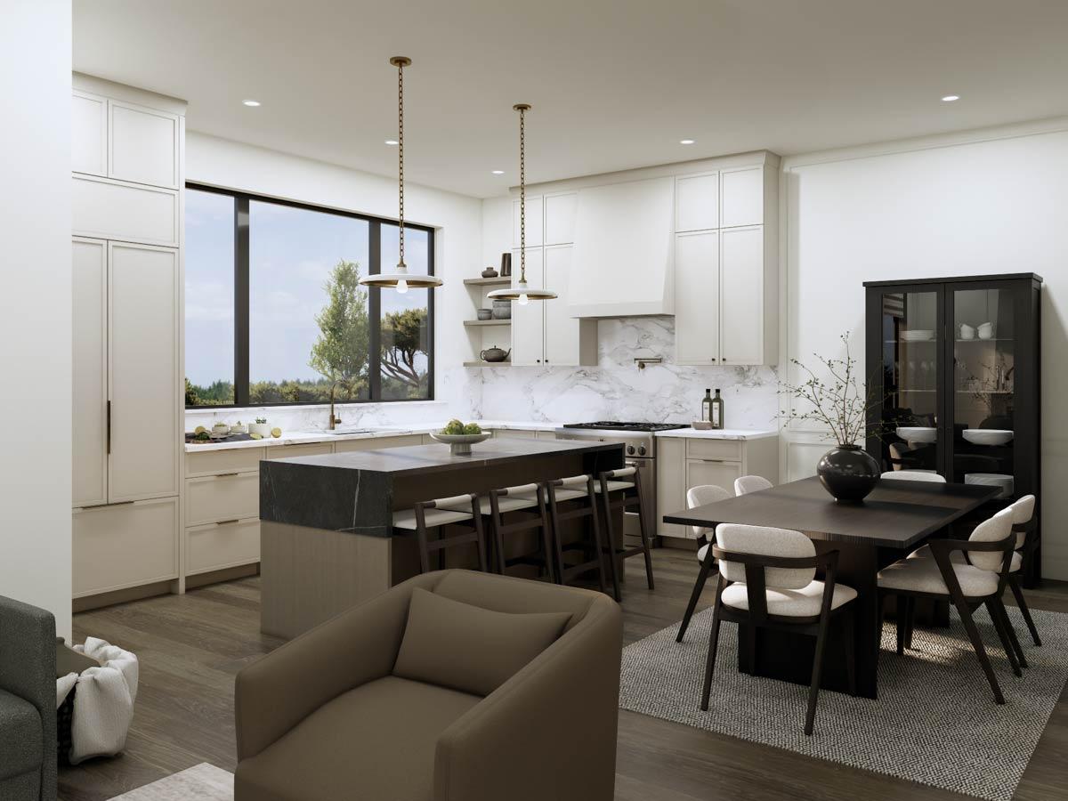 Modern kitchen and dining area with a large island, marble backsplash, and a window overlooking greenery.