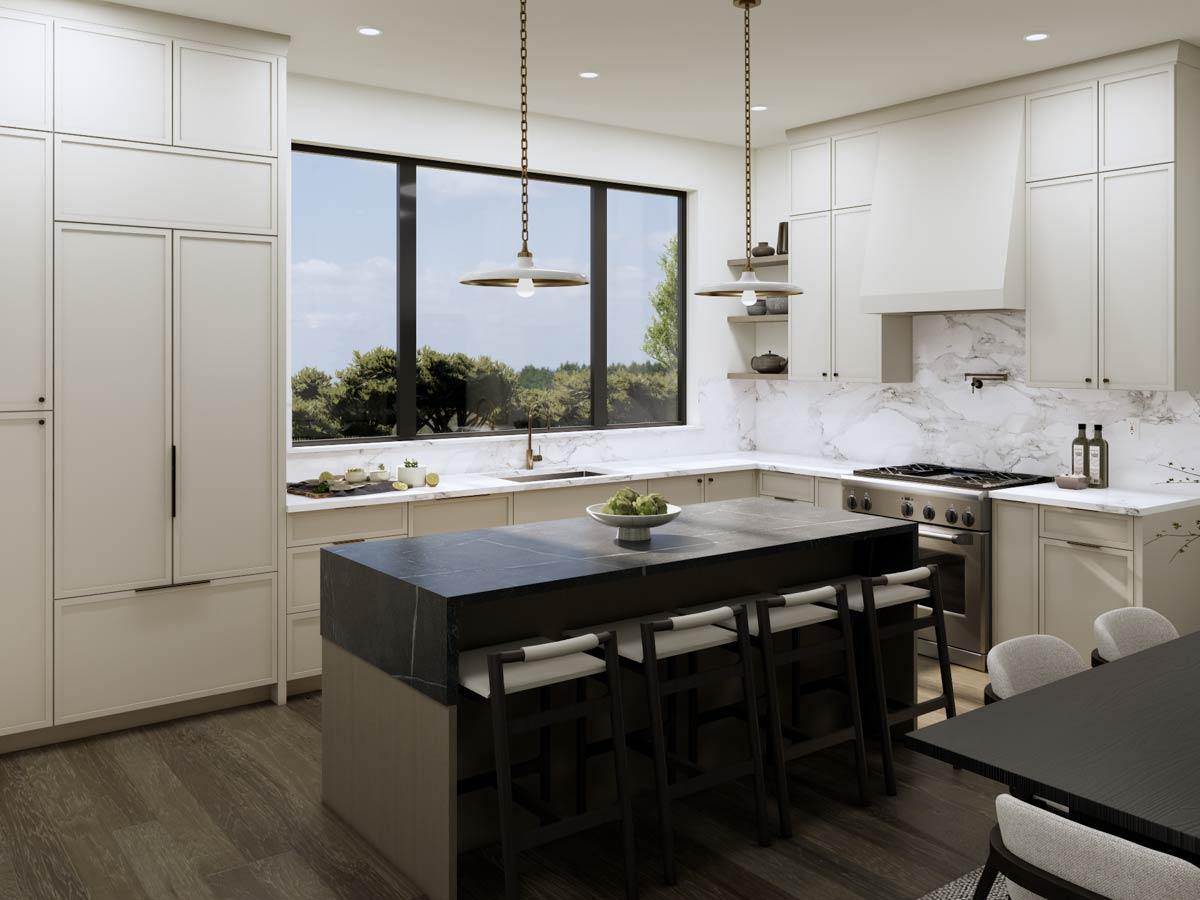 Kitchen with dark stone island, pendant lights, large window, marble backsplash, and stainless steel range.