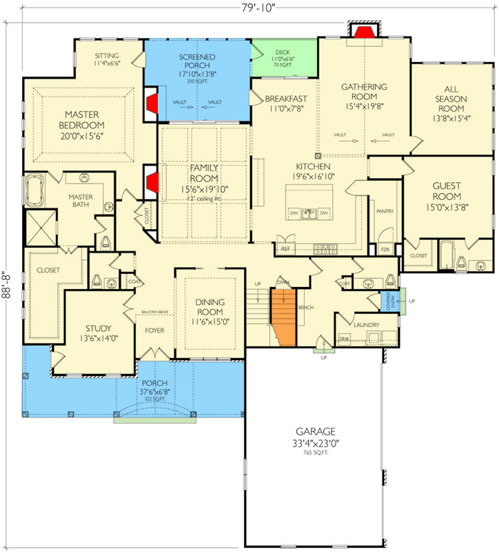Plan 29932RL: Stately Modern Colonial House Plan with Master on Main Level, Screened Porch and 3-Car Garage - Floor Plan - Main Level - Colonial, New American, Traditional