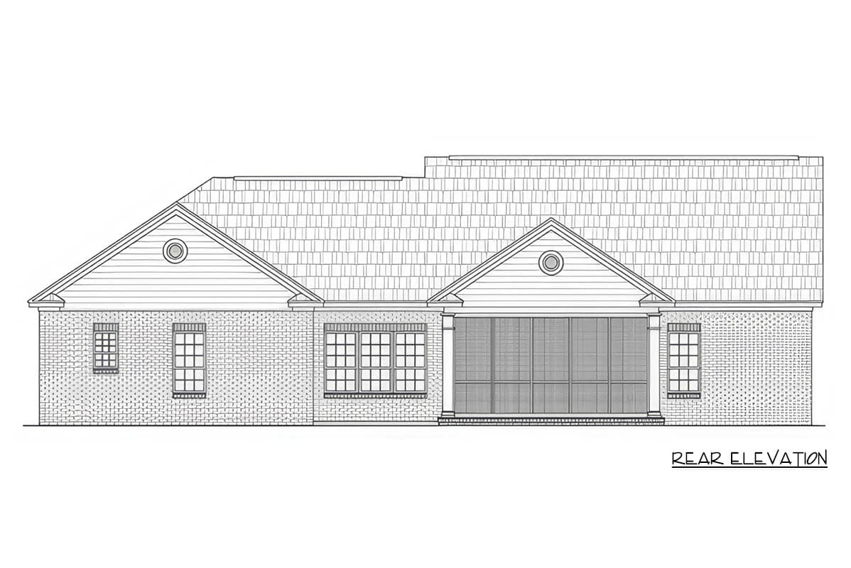 Rear elevation house plan with brick base, gabled dormer, multiple windows, and a screened-in porch.