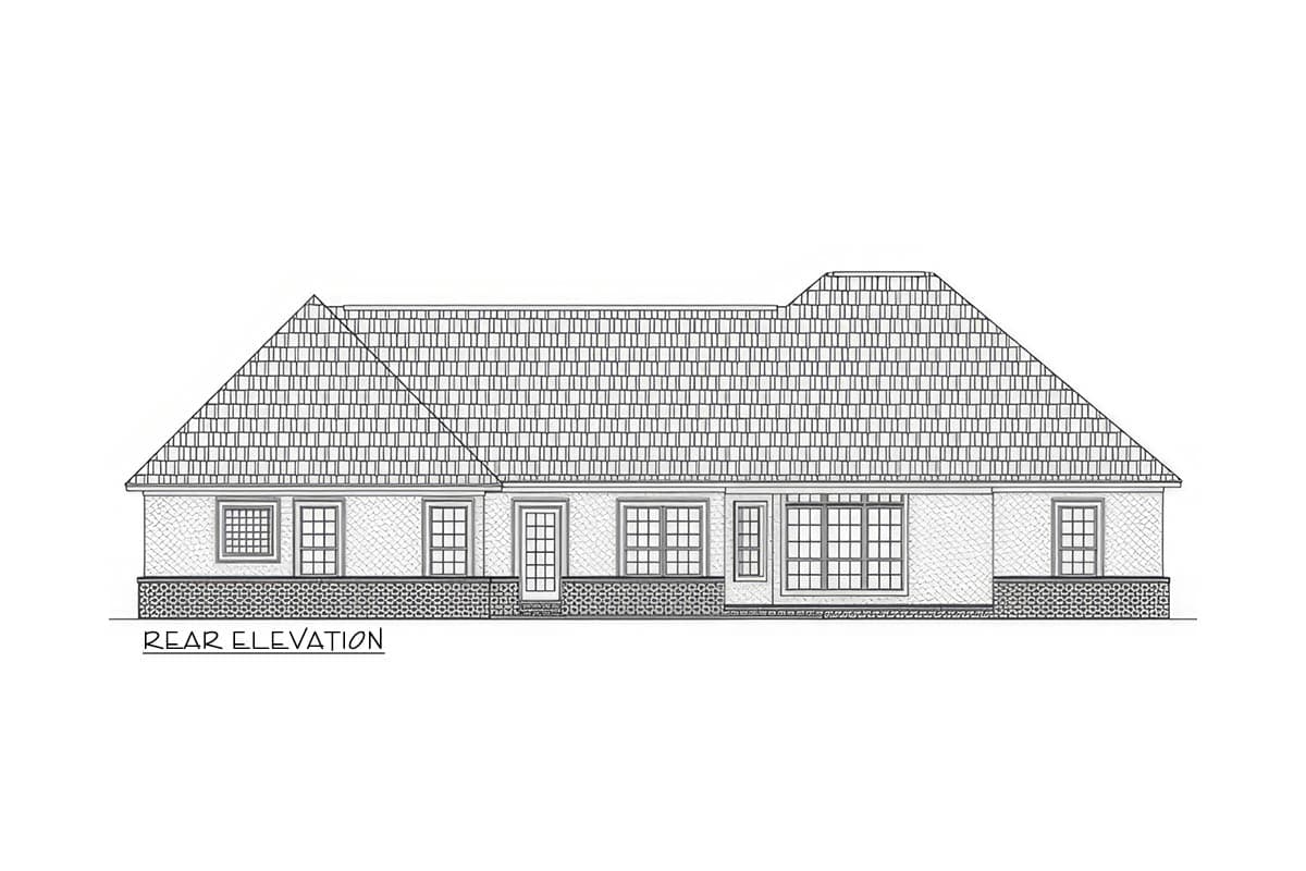 Rear elevation drawing of a single-story house plan with a hip roof, multiple windows, and a central door.