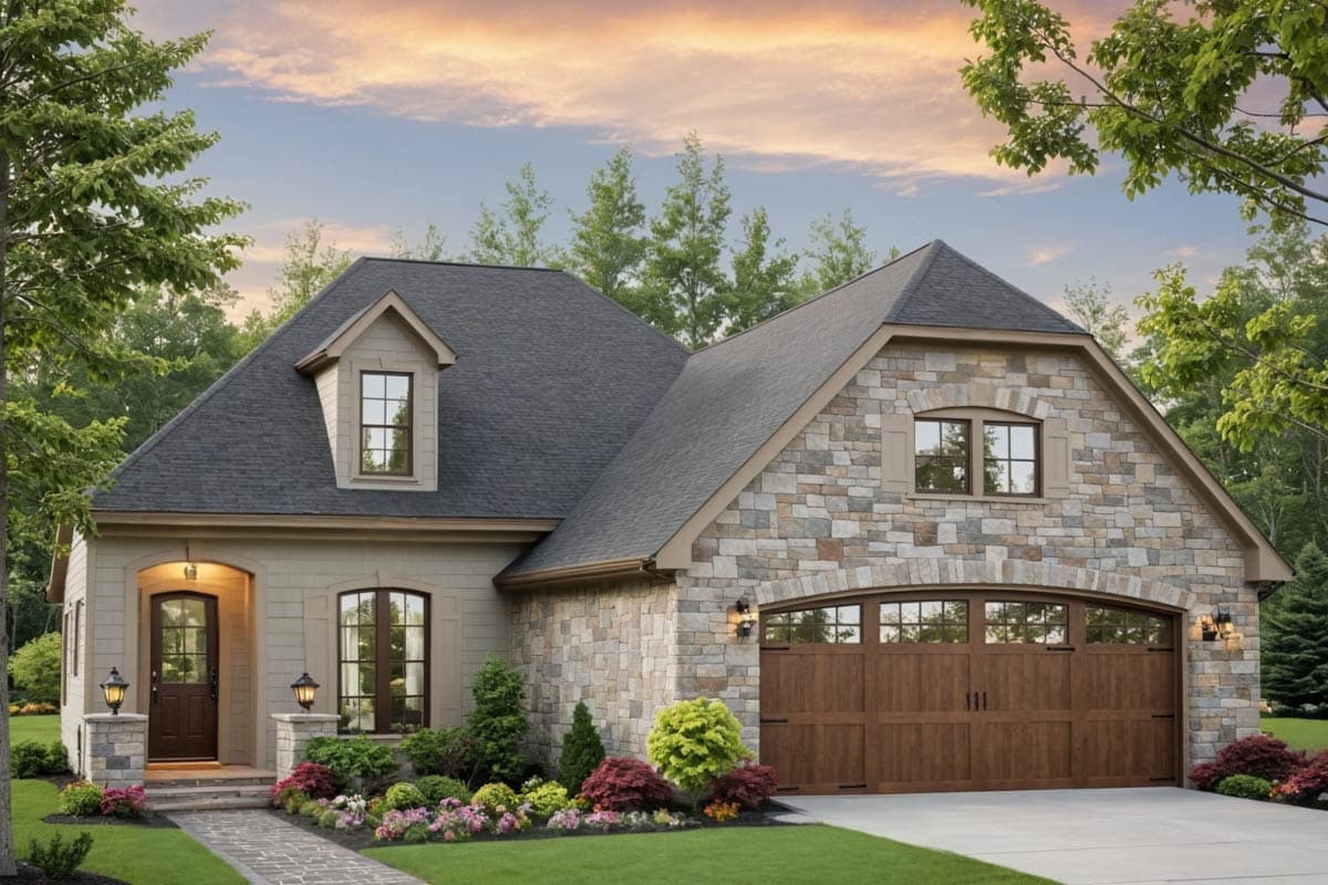 A beautiful two-story home with stone and siding exterior, a dark roof, and a welcoming front entrance. Landscaping and a garage are also featured.