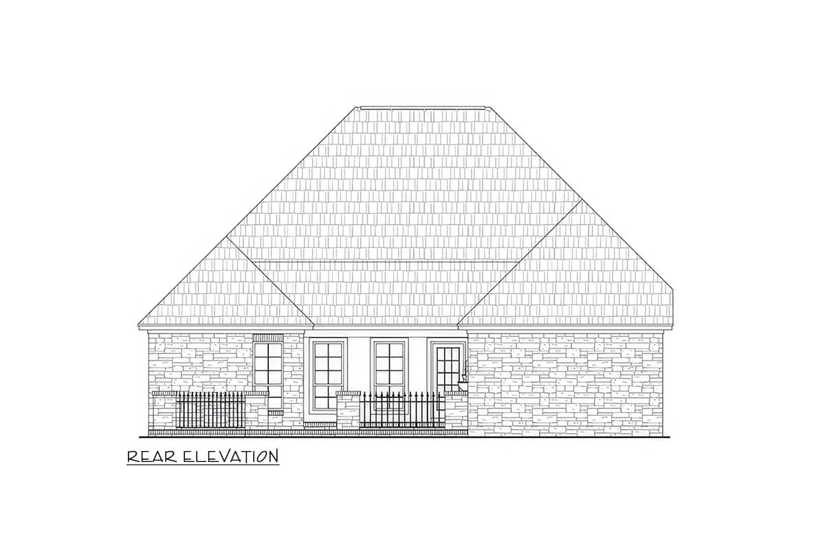 Rear elevation drawing of a house with stone exterior, hip roof, and a covered porch with railing.