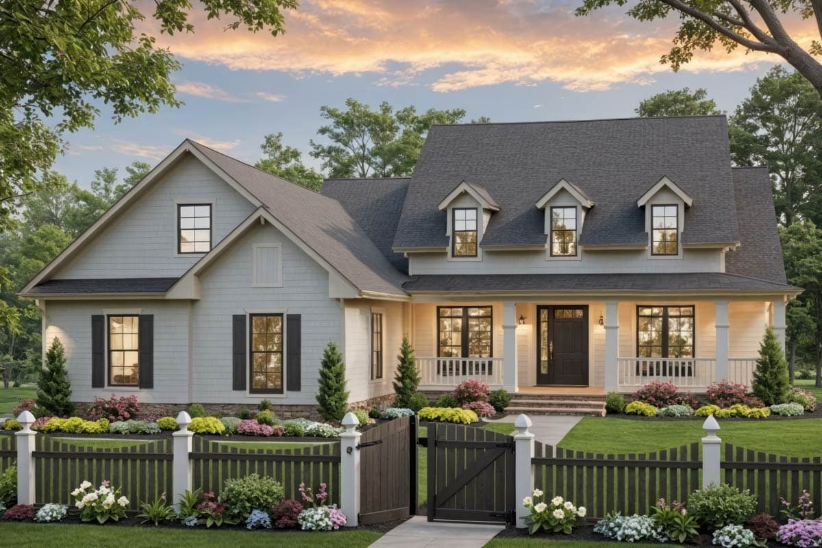 A two-story, light-colored house with dark shutters and a welcoming front porch. A dark wooden fence and gate enclose a beautifully landscaped yard.