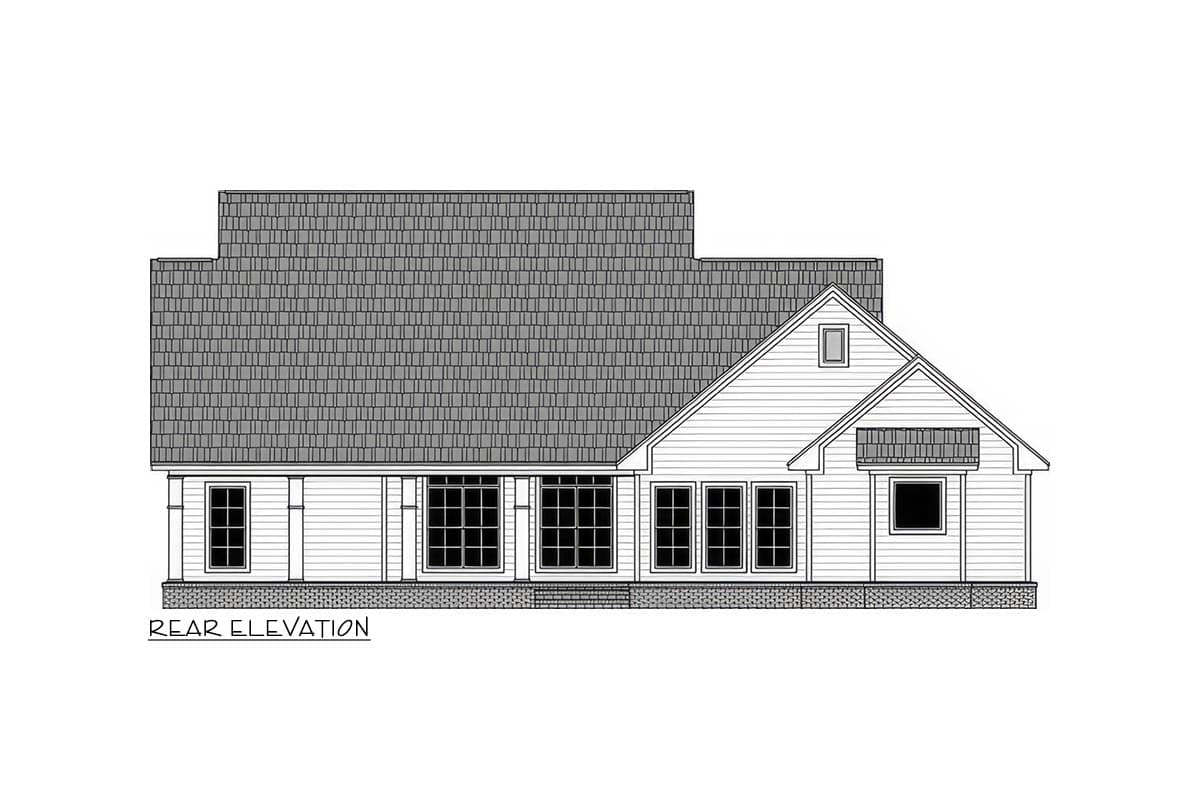 Rear elevation drawing of a house plan featuring a covered porch, multiple windows, and varied rooflines.