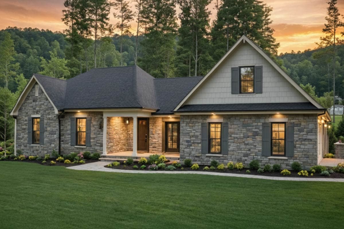 A stone-clad house with a dark roof sits on a green lawn, lit windows glow. Trees and a sunset sky frame the serene, inviting home.
