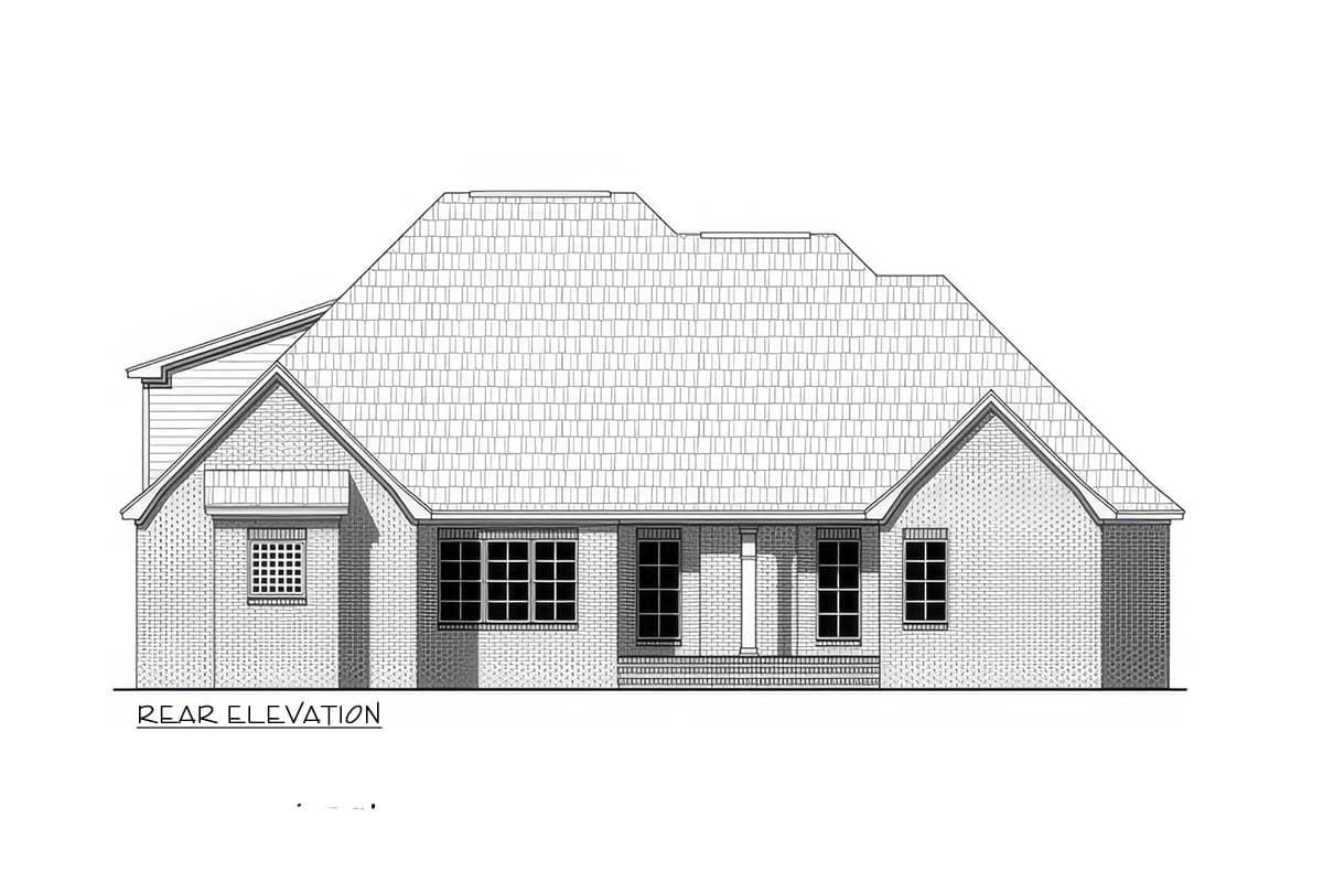 Rear elevation of a one-story house plan with a brick facade, gabled roof, covered porch with columns, and multiple windows.