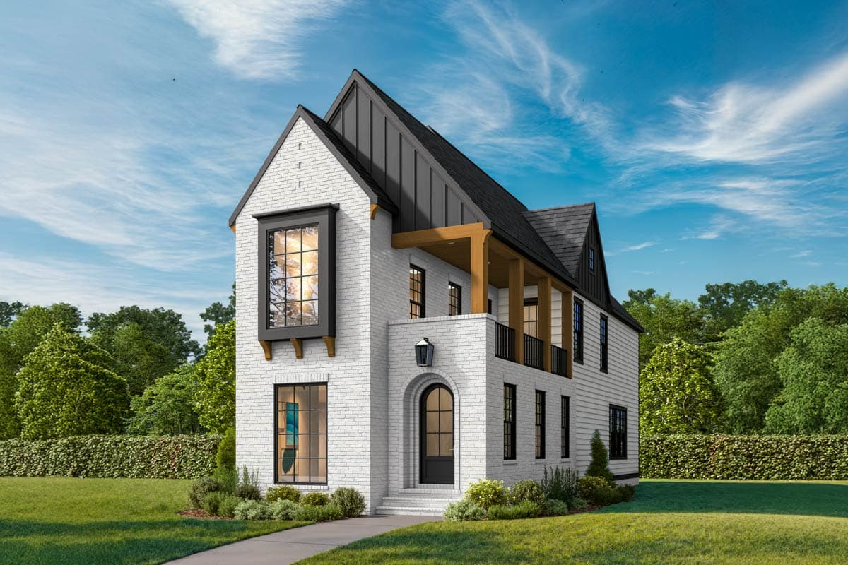 House plan exterior. Two-story home with a gabled roof, brick facade, and covered porch with timber supports. Features a bay window.