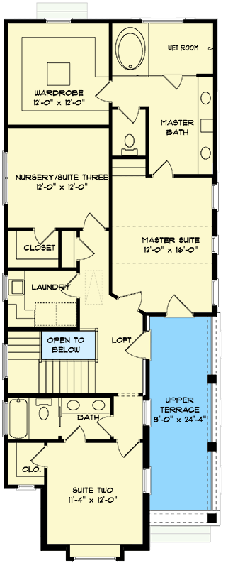 Plan 93231EL: Modern European Cottage House Plan with 4 Beds, Loft, and Upper Terrace - Floor Plan - 2nd Floor - Cottage, European, Tudor