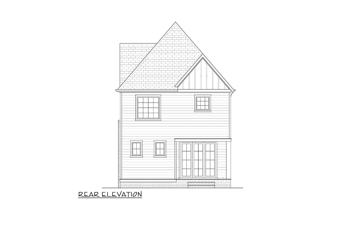 Rear elevation drawing of a two-story house with gabled roof, dormer, and double French doors.