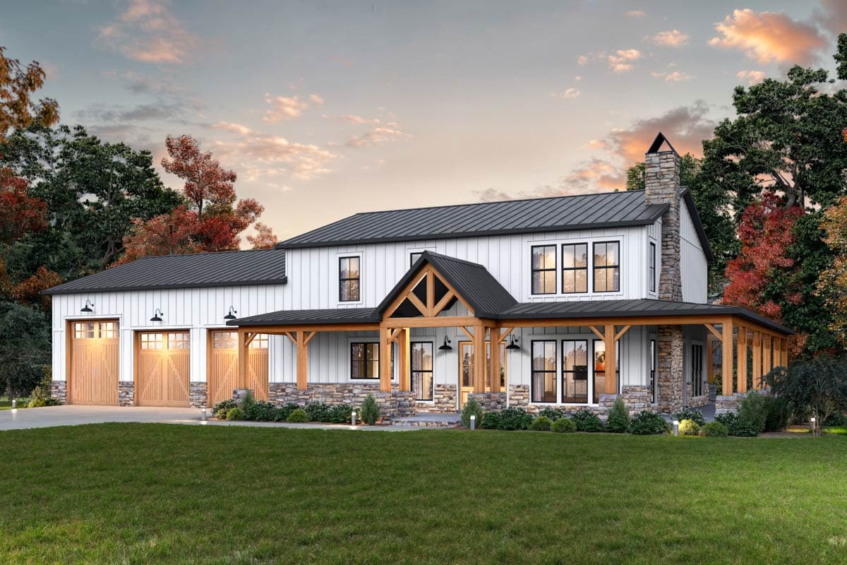 Modern Farmhouse house plan exterior with three-car garage, stone accents, and exposed timber framing on covered porches.