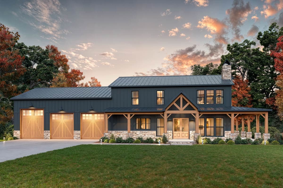 Modern Farmhouse house plan exterior with three-car garage, metal roof, stone accents, and covered entry.